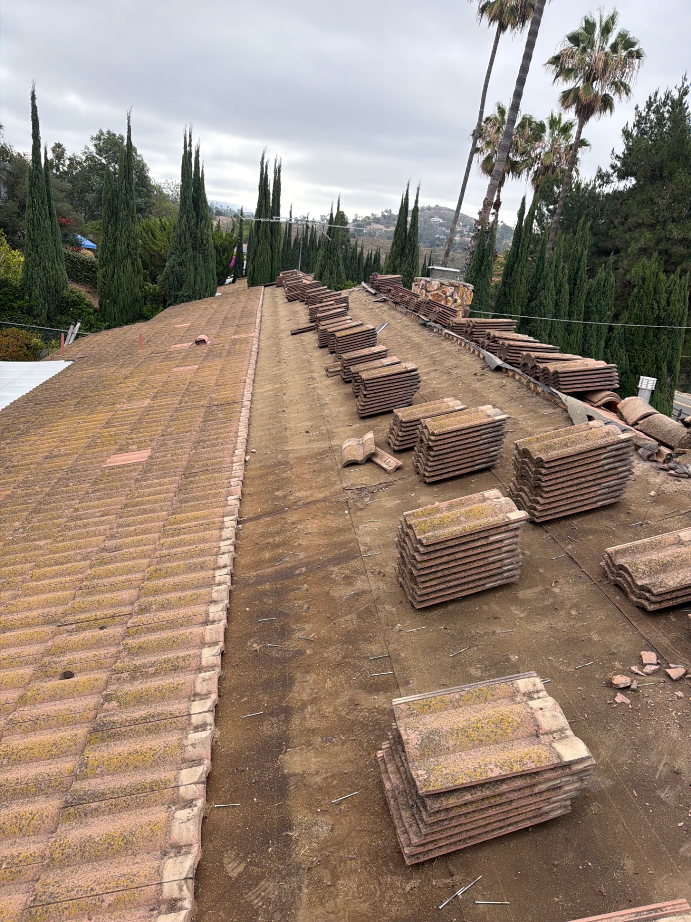 Old moss-covered tile roof being stripped for a full replacement in LA