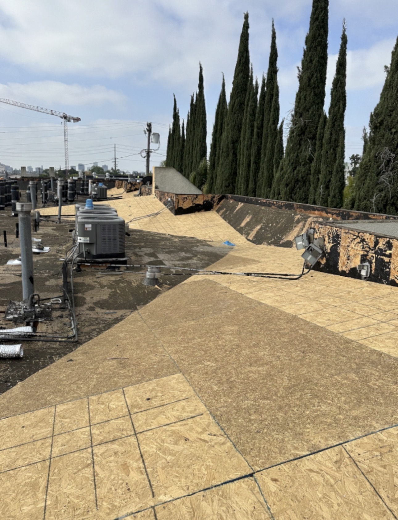 Commercial flat roof tear-off with new OSB decking and city view in Los Angeles