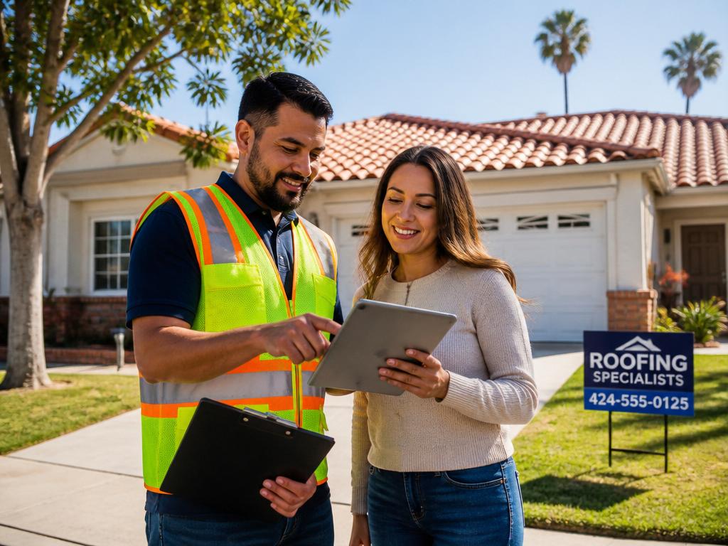 Roofing consultant reviewing inspection report with homeowner