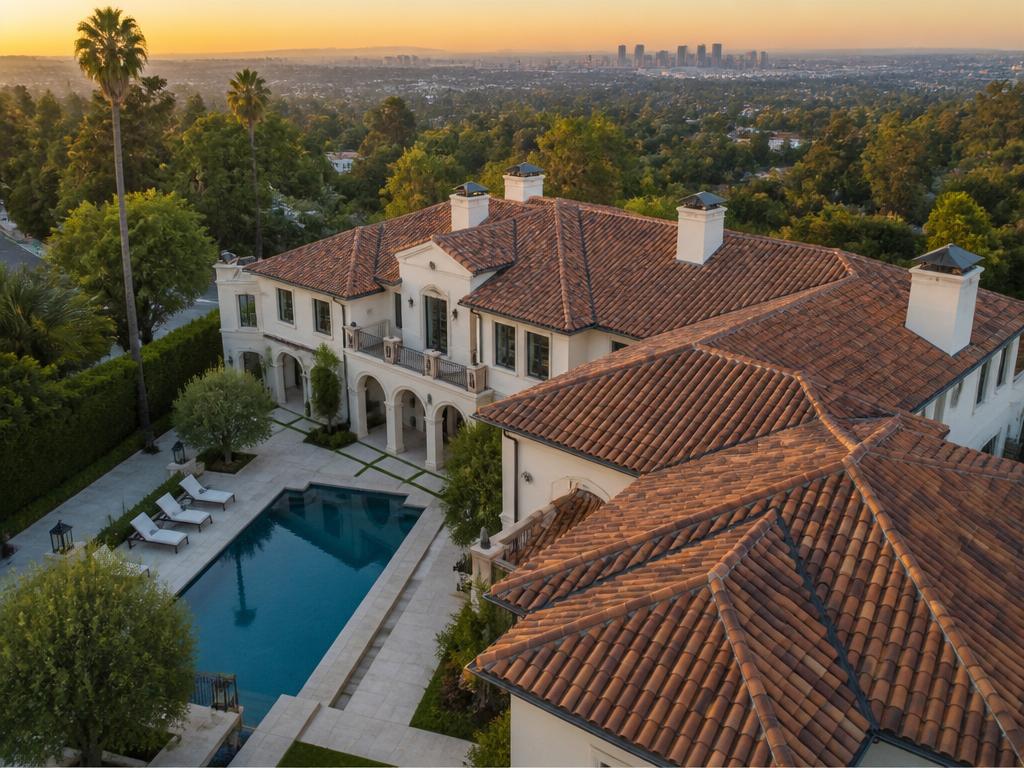Completed luxury estate with clay tile roof in Los Angeles