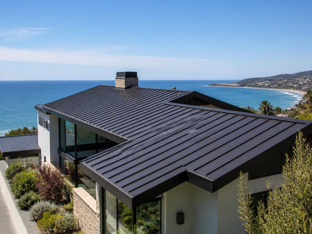 Standing seam metal roof on a coastal modern Malibu home