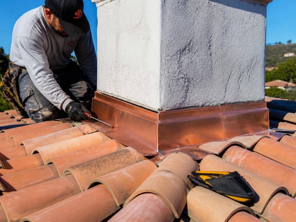Copper chimney flashing detail on a clay tile roof