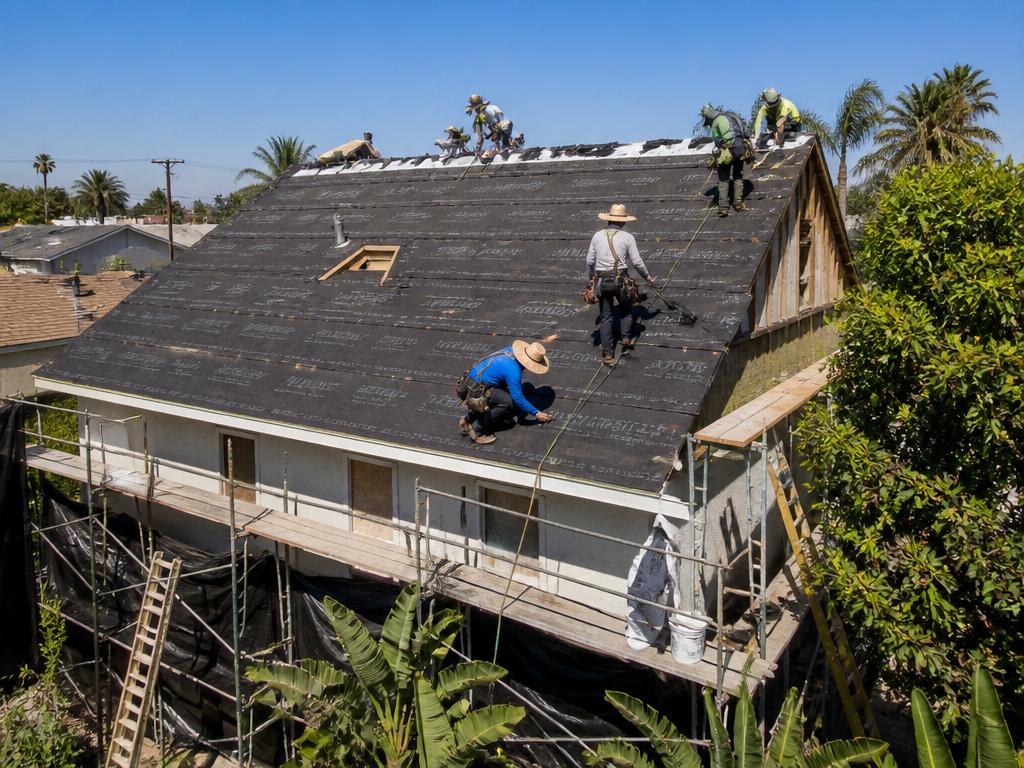 Roof tear-off and underlayment installation in progress